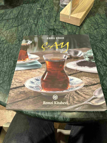 The cover of the “Çay” book by Ebru Erke. The book lies on the table, colored in the shades of green.