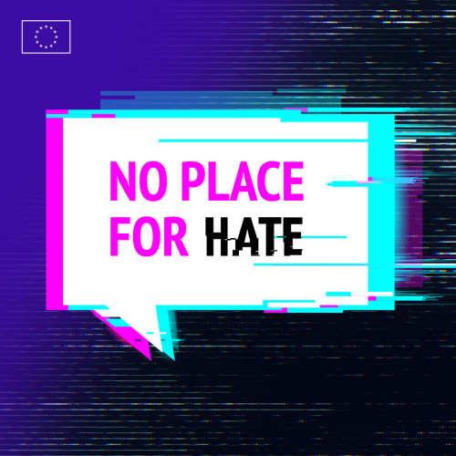 A graphic with a speech bubble containing the text 'NO PLACE FOR HATE' in bright pink and white colors, with the word 'HATE' appearing glitchy and distorted. The background is a dark, glitchy digital pattern, and there is a small European Union flag in the top left corner. 