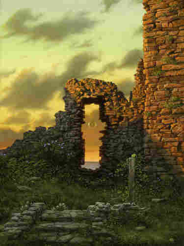 A solitary flame contained in a transparent sphere floats across the threshold of an uneven stone doorway set in ancient ruins. Shadow cuts across the broken remains of the facade. The sky beyond is partially cloudy, lit golden over placid water defining the horizon. In the immediate foreground, three stone steps lead up to portal, but the ground is overgrown with wild vegetation. Flowers add an occasional splash of blue, white, and yellow at the stub of wall and on the short path to it.
