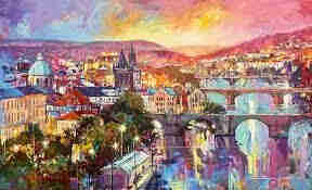 Bright and colourful painting of an overview of the city Prague, with it's light blue river and many bridges over int, on the right in the painting. Various colours are used to paint the buildings of the city. On the horizon are pink and purple coloured mountains, The sky is coloured in bright shades of orange, yellow, pink, blye and purple. 