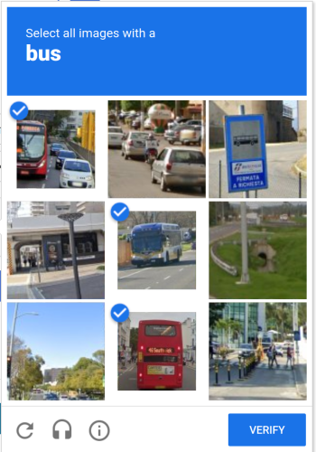 "Select all images with a bus". Several images contain buses, one contains a sign with a drawing of a bus