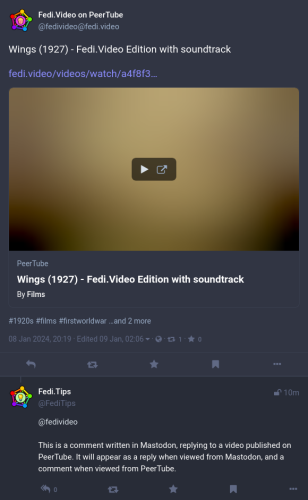 Screenshot of a PeerTube video post as seen from within Mastodon, with a reply written in Mastodon visible below the post. When viewed from within Mastodon, it looks exactly like any other Mastodon thread, but the address on the original post is a PeerTube account.