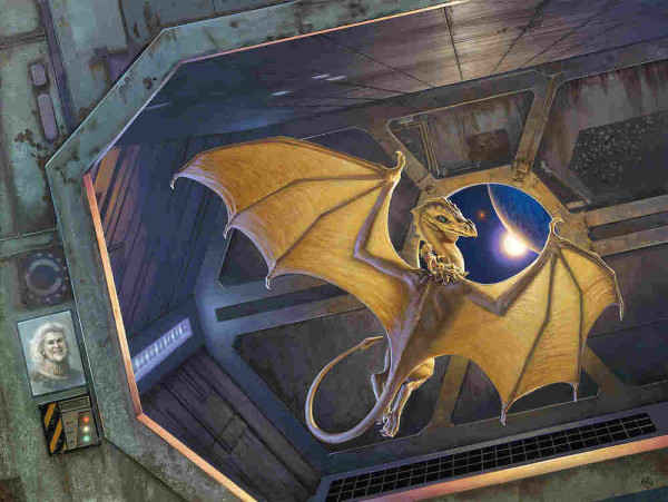 In the cargo hold of a spaceship, a dragon floats with female rider saddled high on its shoulders. Gripping reins, she cranes her neck back to glance at the viewer. Disorienting, the perspective into the cargo hold is slightly angled with the lines of interior structure not quite lining up with the wide octagonal bulkhead leading into it. There is no true horizon to orient on which prompts a sense of weightlessness and implies slow rotation. The hold itself is cropped with the right of it falling off-panel. Just past the dragon, a large porthole provides a view planet-side with sun partially obscured behind a bright arc. A red dot burns menacingly nearby. In the lower left, an access panel glows with dots of red, yellow, and green. The display screen just above is lit with a picture of the author. Her hair is white and her smile is warm.

