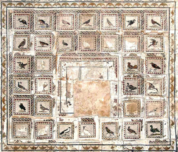 A rectangular mosaic showing 33 bird portraits in individual frames. The central motif has had parts removed. The whole section has an additional geometric border.