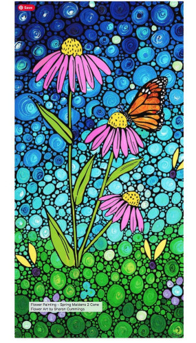 pInk cone flowers and a monarch butterfly with a blue sky and green field in a unique mosaic style by artist and poet Sharon Cummings.  Haiku in post.