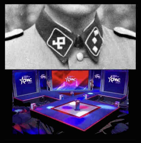 Two images, the top shows an Odel rune on a Nazi uniform collar the one below it shows the stage at a CPAC event in the same shape as the rune. 