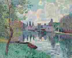 Painting in soft colours o fa light blue and light grey coloured river, with the purple colours of it's surroundings reflected in it. In the foreground on the left is soil covered with turquoise grass, and a small tree with little leaves in various shades of green. In the background are light purple coloured houses and some blue thin high trees. On the far right is a group of full trees in various soft colours. The sky is light blue with white clouds. 