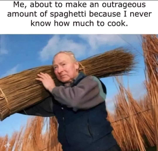 (A man carrying a bushel of wheat)  Me, about to make an outrageous amount of spaghetti because I never know how much to cook.
