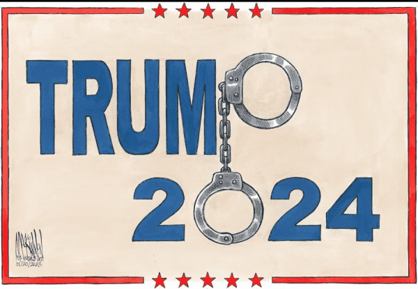 A "Trump 2024" poster, where the P in Trump and the zero in 2024 represent the two cuffs of a pair of handcuffs.