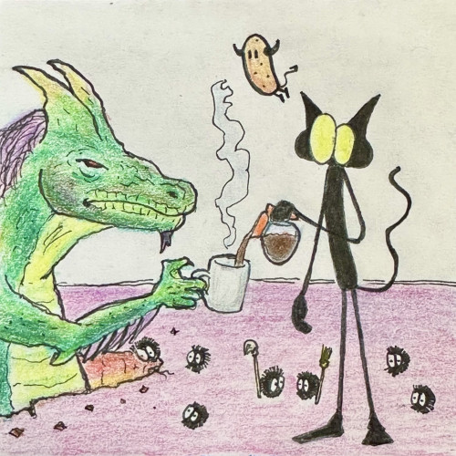 Drawing of a little gremlin serving a cup of coffee to a dragon coming out of the floor 

Zeichnung eines kleinen Gremlin, der eine Tasse Kaffee zu einem Drachen serviert, der aus dem Boden kommt