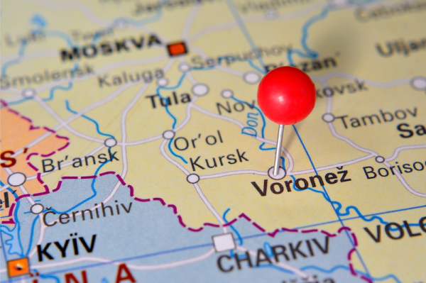 A map showing Voronezh in southwest Russia, which a red push pin stuck in the place where the city is.