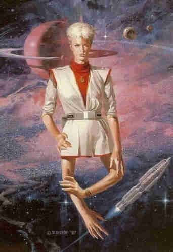 Science fiction book cover in space with starship sand a woman with hands on the bottom of her legs