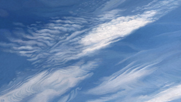 Digital painting of a blue sky, covered in delicate cloud structures akin to calm, white waves.