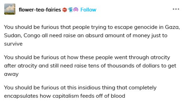 tumblr post by flower-tea-faries that reads: 
You should be furious that people trying to escape genocide in Gaza, Sudan, Congo all need raise an absurd amount of money just to survive

You should be furious at how these people went through atrocity after atrocity and still need raise tens of thousands of dollars to get away

You should be furious at this insidious thing that completely encapsulates how capitalism feeds off of blood