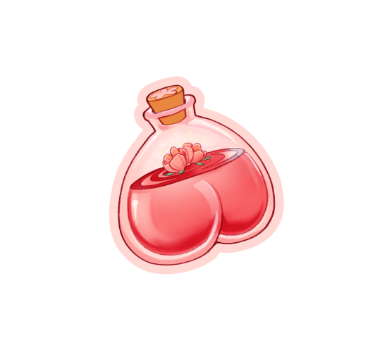 Potion with buttcheeks. Pink liquid and peach blossom inside, probably tastes like peaches.
