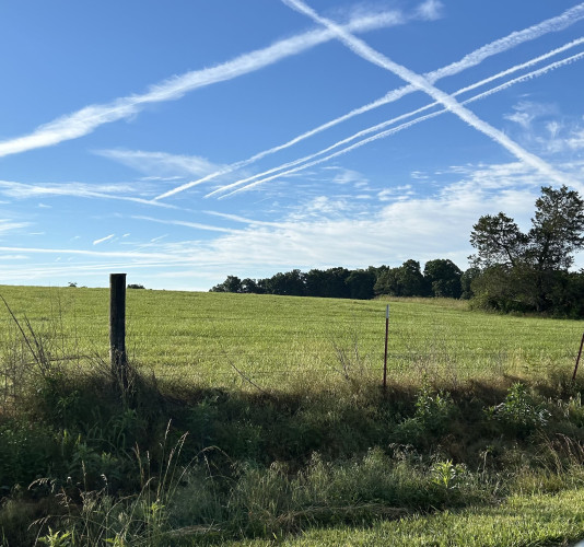 An open field and a blue sky with cloud trail lines that loosely resemble a hashtag.