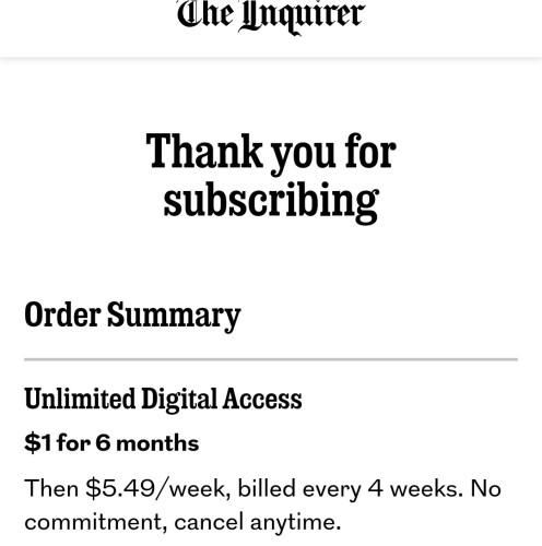 Order summary for subscription to the Philadelphia Inquirer. Wow! Only $1.