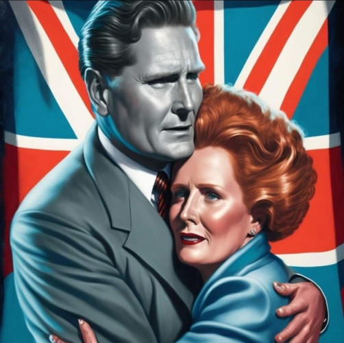 Keir Starmer embracing Margaret Thatcher in front of a union flag