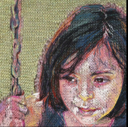 Mixed media artwork: Knit fabric and drawing layered to create image of girl with dark hair on a swing