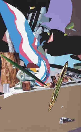 Painting of a studio floor overlaid with angled abstract shapes moving throughout the canvas