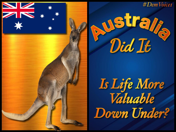 Meme divided into two halves vertically. Left half with gold metallic background, an Australia flag at the top and a kangaroo looking at the viewer. Right half with dark blue background and gold font. Text reads, “AUSTRALIA DID IT. Are lives more valuable down under?”