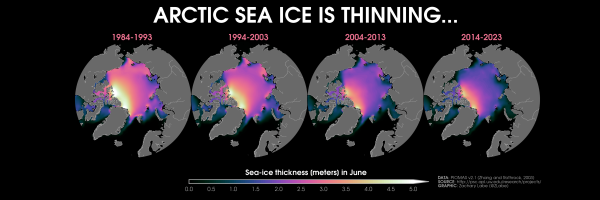 Four polar stereographic maps showing Arctic sea ice thickness for the month of June in 1984-1993, 1994-2003, 2004-2013, and 2014-2023. Thickness is shown with colors from black at 0 meters to purple at 2.5 meters to white at 5.0 meters. Sea ice in thinning in all regions over time. 