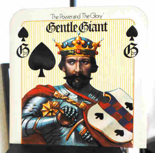 Record on a stand: The Power and the Glory by Gentle Giant. Design: stylised top half of a king playing card.