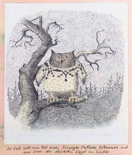 cartoon by F.K. Waechter. A drawing of an owl wearing a gray and brown Norwegian sweater, sitting on a dead tree, looking at the viewer. Caption: The owl had gotten a Norwegian sweater for the holidays and was one of the most well-dressed birds in the forest