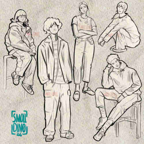 Several persons drawn in a sktechy style. From left to right: a sitting person with a big coat; someone standing hands in pockets; a person with arms crossed; 2 others people sitting one relaxed and the other more thinking