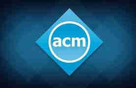 Different shades of blue in background and white circle with white lettering in middle "acm" the Association for Computing Machinery logo