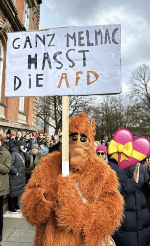 Mensch mit Alf-Kostüm & Schild: Ganz Melmac hasst die AfD