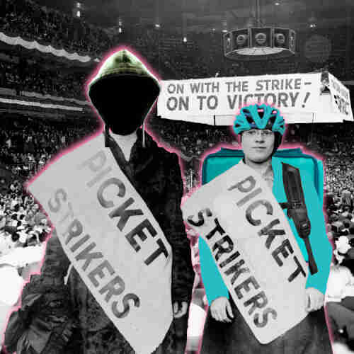 A pair of early 20th century women strikers in formal dresses with sashes reading 'PICKET STRIKERS.' The left striker's head has been replaced with a 'hacker-in-a-hoodie' cliche. The left one's jacket has been turned Deliveroo blue. She's wearing a matching bike helmet and carrying a Deliveroo food-delivery insulated backpack. They are posed on a background of a giant union conference at Madison Square Gardens, under a banner reading 'ON WITH THE STRIKE! ON TO VICTORY!'