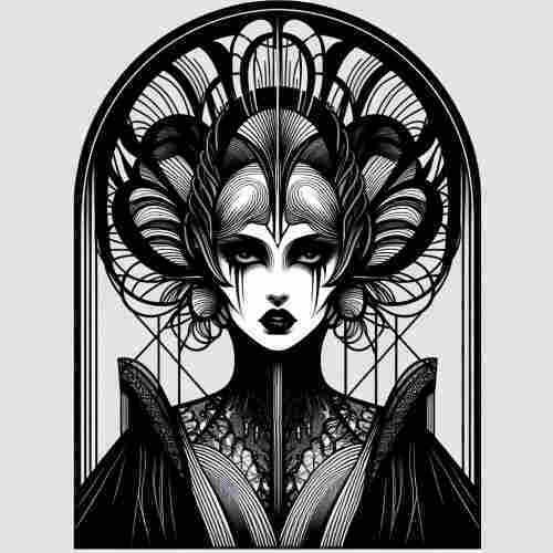 An AI-generated image captures a striking figure with Jugendstil inspirations, characterized by flowing lines and organic forms. The woman's headdress is elaborate, with curvilinear patterns that create a harmonious yet dramatic frame around her face. Her features are accentuated by stark makeup, with high-contrast eyes and lips that draw immediate attention. The backdrop, reminiscent of a peacock’s tail, adds a natural yet regal element to the composition. The intricate lace detail on her attire suggests an intertwining of natural motifs with the sophistication of the Art Nouveau period.