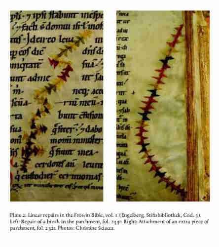 Photos of two linear repairs in the Frowin Bible, vol. 1 (Engelberg, Stiftsbibliothek, Cod. 3). Left: Repair of a break in the parchment, fol. 244r. Right: Attachment of an extra piece of parchment, fol. 232r. Photos: Christine Sciacca.
