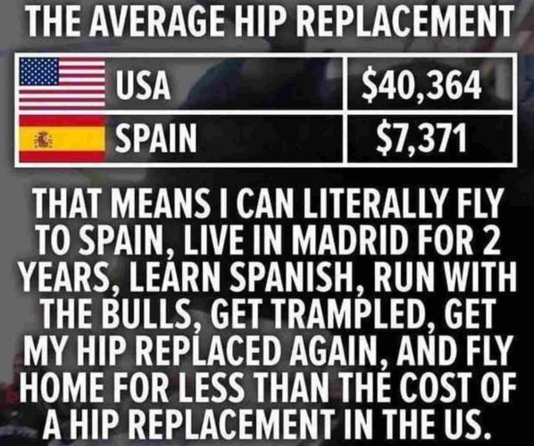 The image shows a text comparison of the average cost of a hip replacement in the USA versus Spain, suggesting a much lower cost in Spain which would allow for an extended stay and cultural experiences in Spain for less than the cost of the procedure in the USA