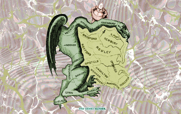 The original 'The Gerrymander' editorial cartoon, which depicts a sinister salamander wrapped around a curiously shaped void. The salamander and the void are labeled with the names of areas that had been crammed into different electoral districts. The image has been modified: the salamander and the void have been colorized with desaturated yellow-green tones. An image of a portly millionaire in a suit with a money-bag for a head pokes out from behind the salamander. The background is a marbled endpaper from an antique book, desaturated and recolored. The image is labelled 'THE GERRYMANDER' in block caps.