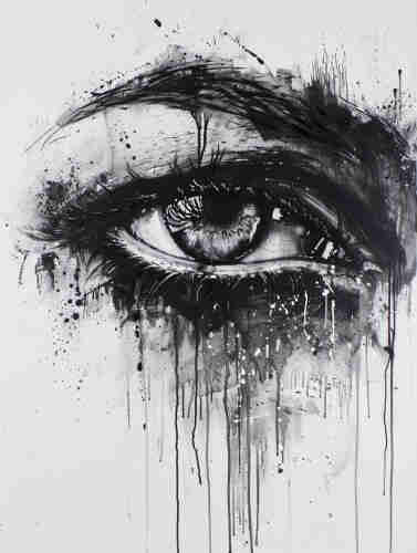 A striking black and white painting that depicts a close-up of an eye with a profound level of detail. The eye is highly expressive and seems to gaze directly at the viewer. Above and around the eye, the paint is applied in an aggressive, almost violent manner, with streaks and splatters extending outward. Below the eye, the paint runs downward in thick, dark drips, giving the impression of tears or ink melting away. The contrast of the detailed eye with the chaotic paint splashes creates a compelling image that could evoke feelings of sorrow, intensity, or the chaotic nature of human emotions.
