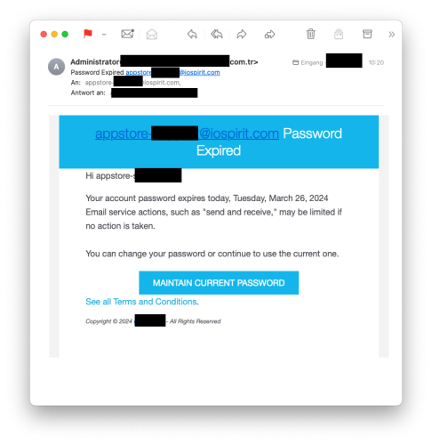 Screenshot of a faked "password expired" administrator email from a phisher trying to gain access to the email address. 