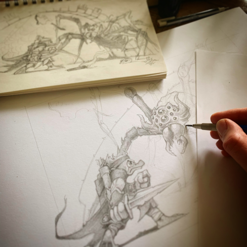 Drawing an encounter between a Mallard Hunter and a giant spider with pencil and paper.