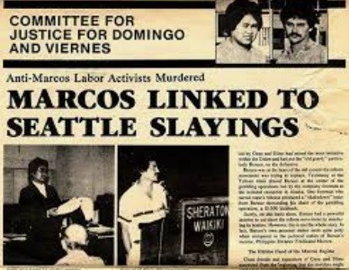 Newspaper clipping from the committee for Justice for Domingo and Viernes, with headline: Marcos Linked to Seattle Slayings, with images of Domingo and viernes.