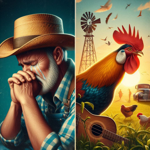 An AI generated picture of a farmer crying a rooster playing a guitar.