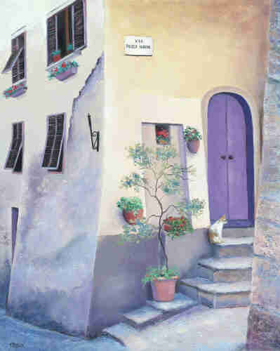 An oil painting of the villa Degli Algeri in an old hilltop town in Tuscany. There are stone steps leading up to an arched purple door. A ginger and white cat waits patiently by the door. 