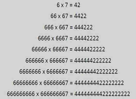 6x7=42
66x67=4422
...
6666666 x 6666667 = 44444442222222
etc