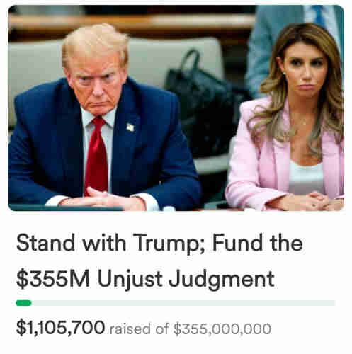 Picture of Trump looking like a sour baby.
Stand with Trump; Fund the $355M Unjust Judgment
$1,105,700 raised of $355,000,000