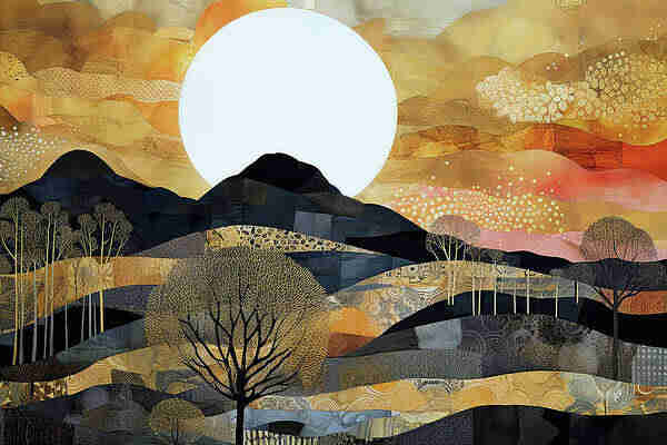 Creative painting of a mountain landscape with a very large white moon rising above the mountains, The mountains are coloured in shades of light brown, blue, green and dark grey. Here and there are creative patters on the mountains. Also there are several creative trees in the landscape. The sky is painted in a creative way as well, mainly in various shades of light brown and yellow, with some hints of red, pink and purple on the right. 