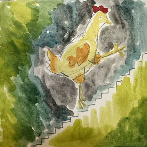 Yellow hen going up green stairs. 