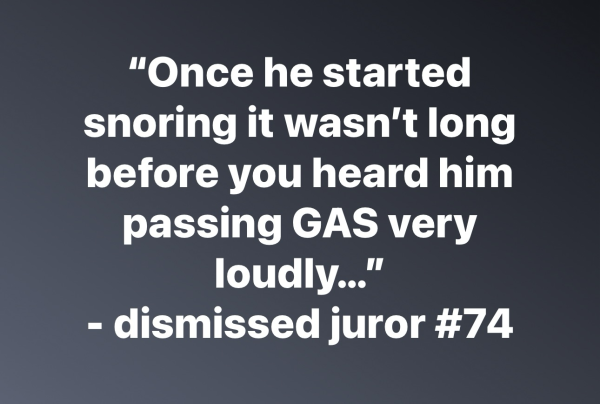 "Once he started snoring it wasn't long before you heard him passing GAS very loudly..." - dismissed juror #74