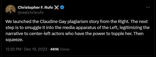 We launched the Claudine Gay plagiarism story from the Right. The next step is to smuggle it into the media apparatus of the Left, legitimizing the narrative to center-left actors who have the power to topple her. Then squeeze. 