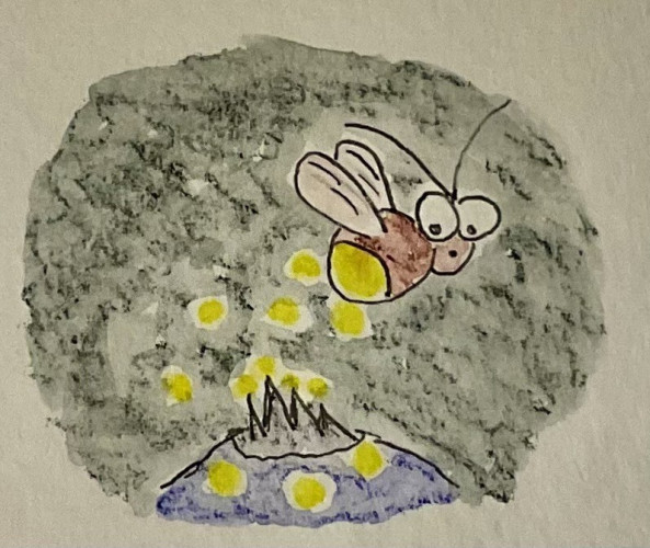 A cartoon firefly with a glowing yellow body hovers over a small mound with spikes, emitting yellow dots against a dark, textured background.