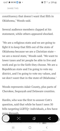 A screenshot of an article by the Tahlequah Daily Press (blocked to the EU over GDPR), where Oklahoma state senator Tom Woods said "we are a religious state and we are going to fight it to keep that filth (LGBTQ+ existence) out of the state of Oklahoma because we are a Christian state - we are a moral state... we are a Republican state and I'm going to vote my district, and I'm going to vote my values, and we don't want that in the state of Oklahoma." 
